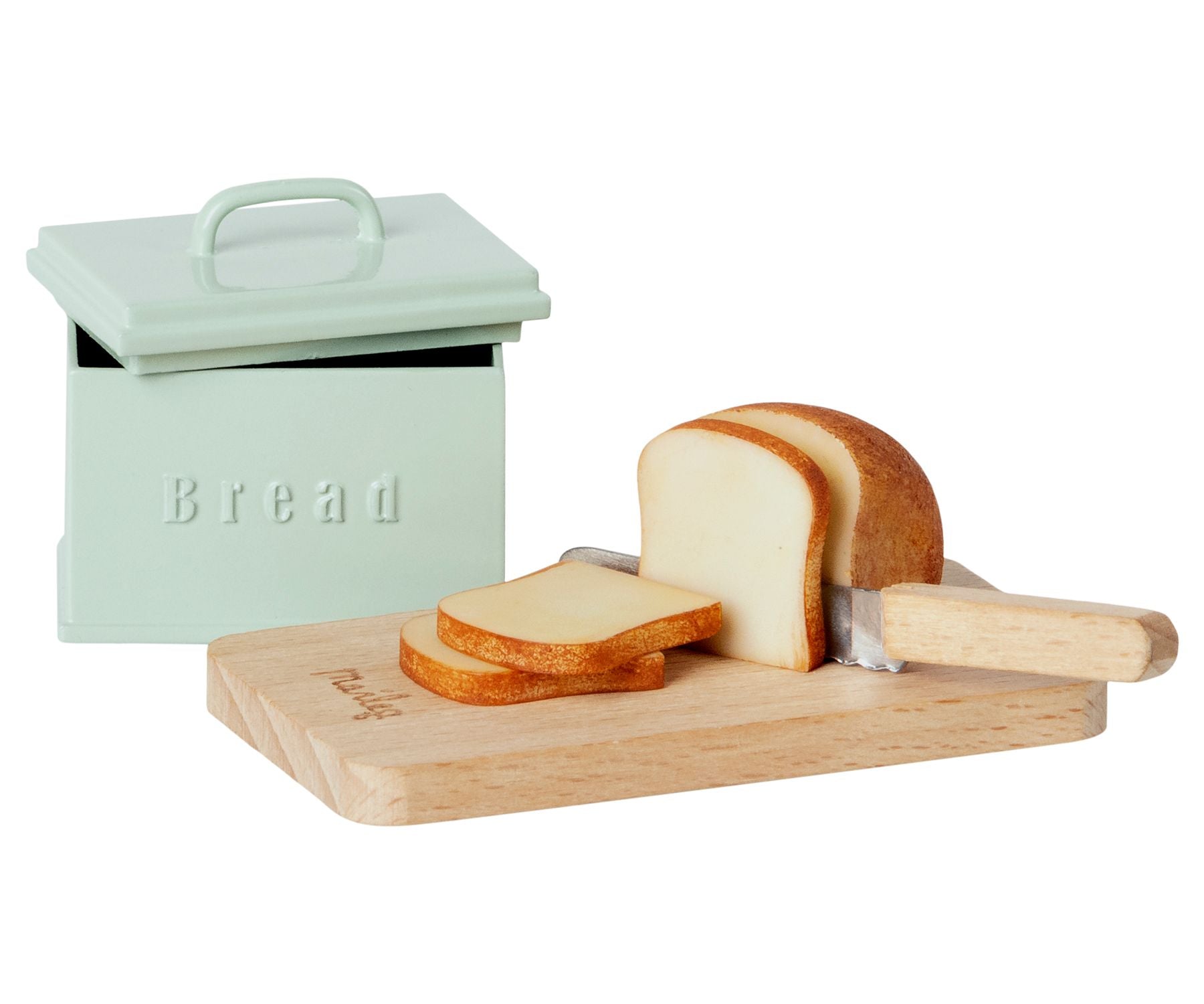 Brødboks  med brød, skærebrædt og brødkniv fra Maileg.