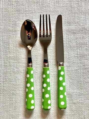 Børnebestik - mønstret, grøn med prikker - gaffel.