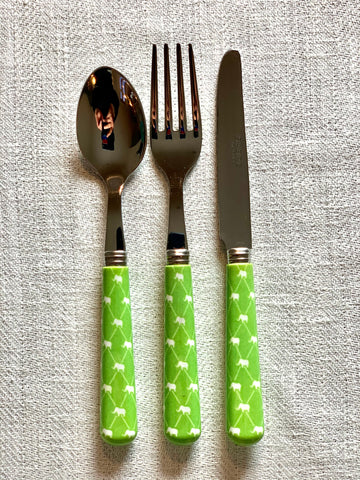 Børnebestik - mønstret, grøn med elefanter - kniv.