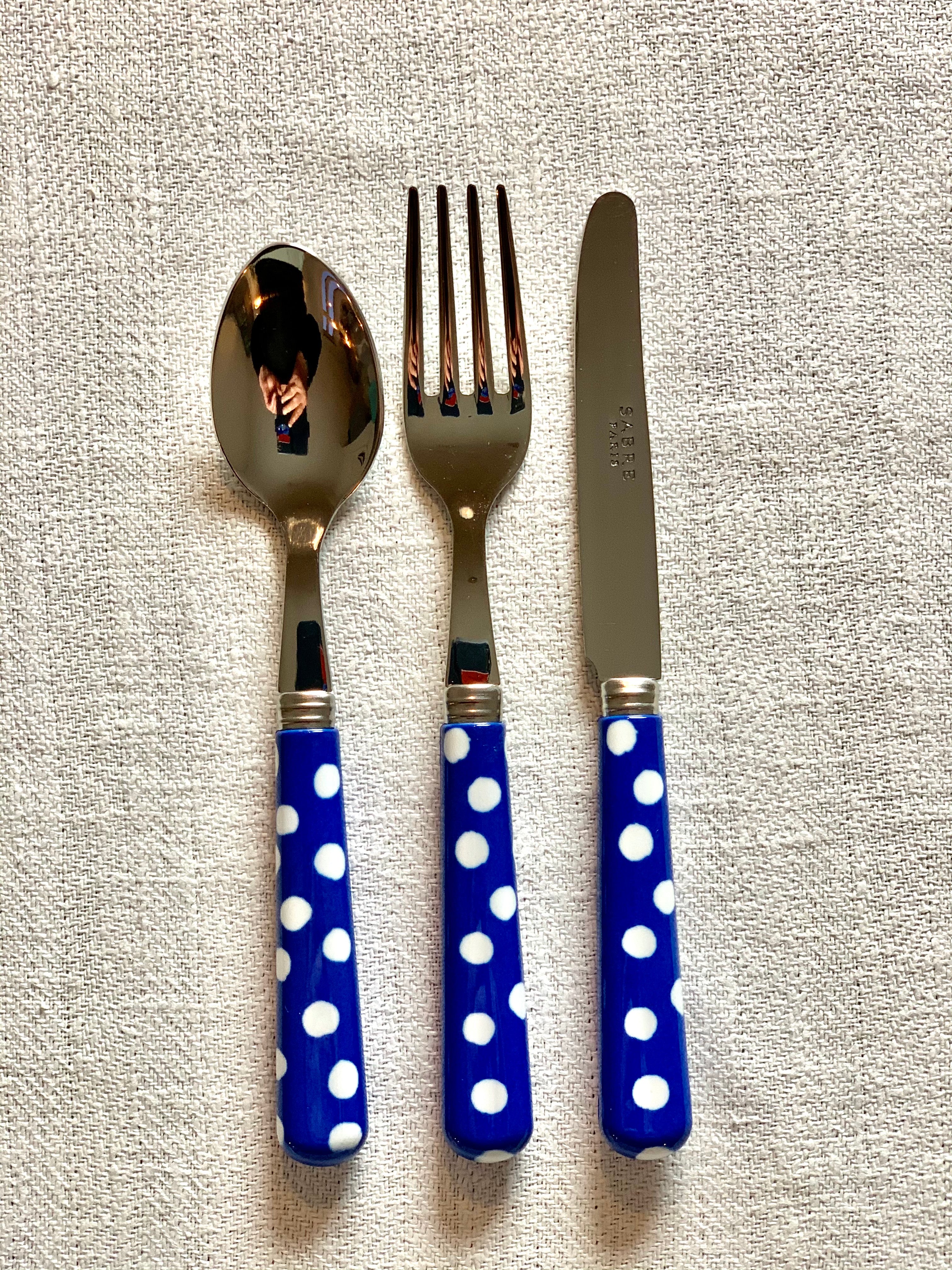 Børnebestik - mønstret, mørk blå med prikker - kniv.